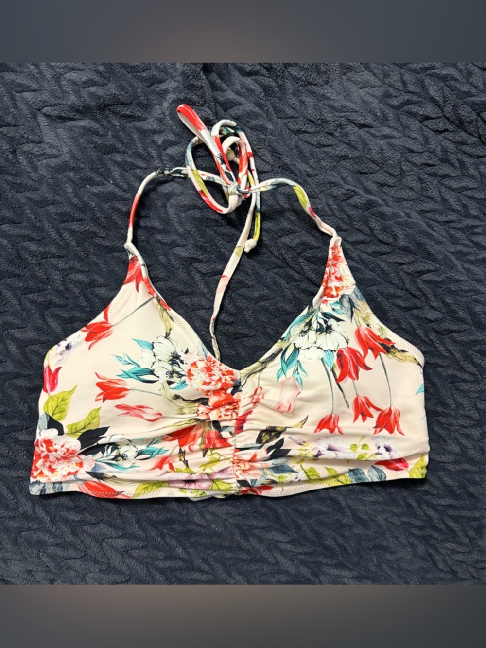 Cupshe Cream Floral Halter Bikini Top with Red & Teal Accents